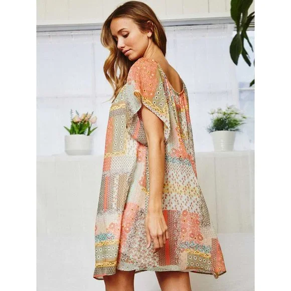 Women's Off the shoulder Multi print tunic shimmer mini dress !! LAST ONE!!! - Picture 3 of 3